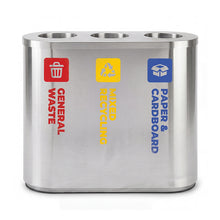 Stainless Steel Waste Sorting Station | Red General Waste, Yellow Mixed Recycling & Blue Paper