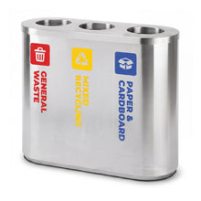 Stainless Steel Waste Sorting Station | Red General Waste, Yellow Mixed Recycling & Blue Paper