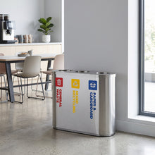 Stainless Steel Waste Sorting Station | Red General Waste, Yellow Mixed Recycling & Blue Paper
