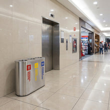 Stainless Steel Waste Sorting Station | Red General Waste, Yellow Mixed Recycling & Blue Paper